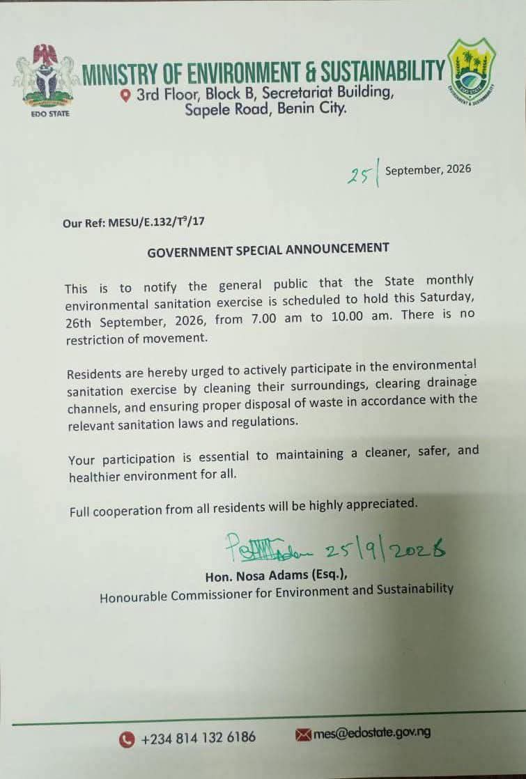 Edo Announces Monthly Environmental Sanitation for Saturday, September 26 Edo Announces Monthly Environmental Sanitation for Saturday, September 26