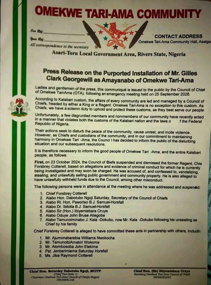 Omekwe Tari-Ama Council Disowns Purported Installation of Gilles Clark Georgewill as Amayanabo Omekwe Tari-Ama Council Disowns Purported Installation of Gilles Clark Georgewill as Amayanabo