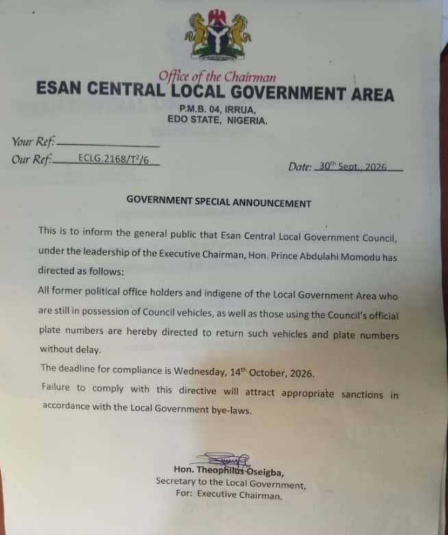 Esan Central Council issues final warning over government vehicles held by former officials Esan Central Council issues final warning over government vehicles held by former officials